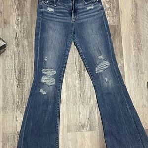 BKE Dark Blue Flare Jeans with Distressed Details